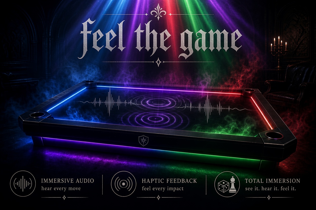 Table FX Kit installed on a gaming table, glowing with blue, purple, green, and red DMX light